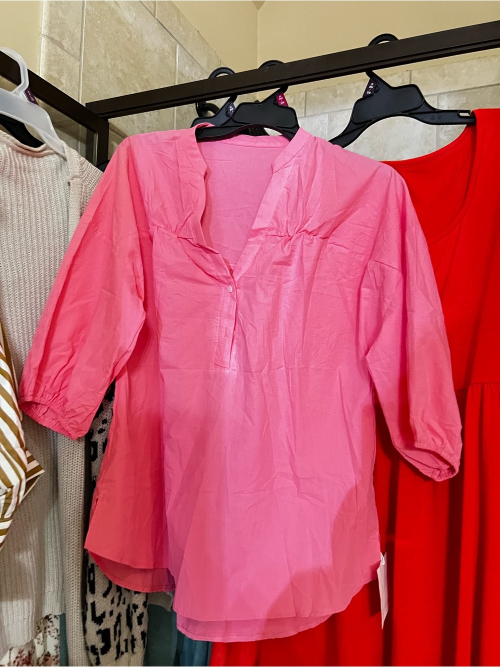 Pink Women's V-Neck Pullover Top